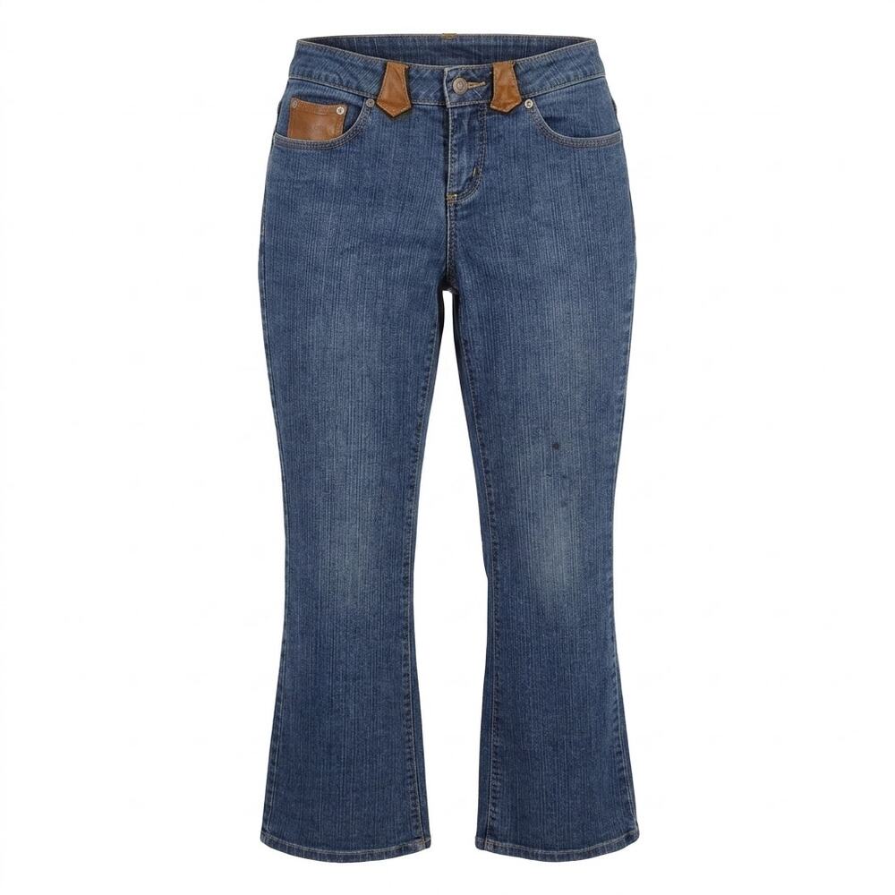 Cache Blue Faux Leather Trim Bootcut Jeans Women See Measurements